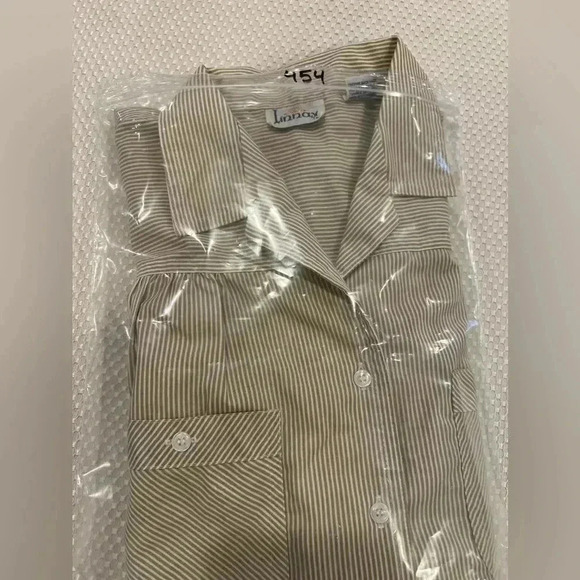 Vintage Linnay stripe boxy cap sleeve button down blouse pockets cream/white - Picture 10 of 10